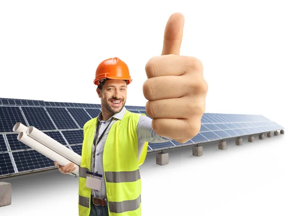 Cheerful Male Engineer Blueprints Gesturing Thumbs Photvoltaic Farm Isolated White — Stock Photo, Image