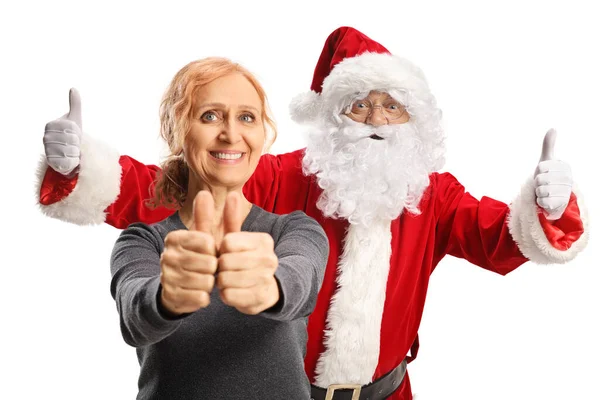 Santa Claus Och Kvinna Gestikulerande Tummen Upp Isolerad Vit Bakgrund — Stockfoto