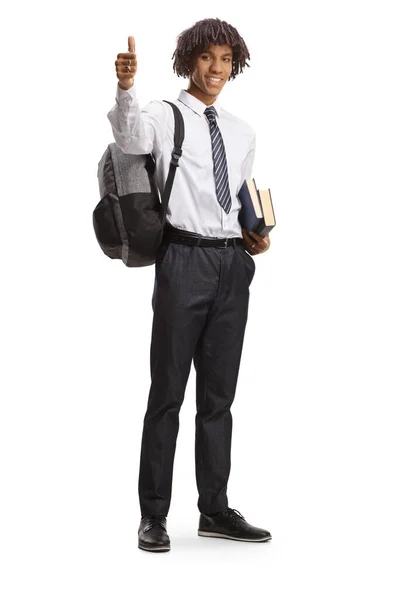 Полный Портрет Африканского Студента Американца Рюкзаком Стоящим Жестикулирующим Большим Пальцем — стоковое фото