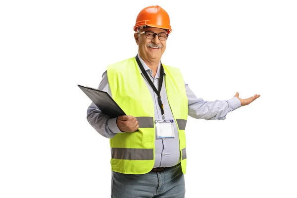 Mature Male Engineer Safety Vest Showing Hand Isolated White Background — Stock Photo, Image