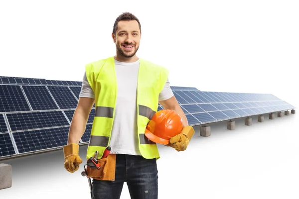 Trabajador Construcción Sosteniendo Casco Usando Cinturón Herramientas Una Granja Solar —  Fotos de Stock
