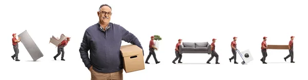 Movers Carrying Items Mature Male Customer Holding Cardboard Box Smiling — Stock Photo, Image