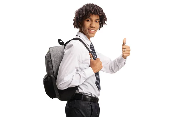 African American Male Student Carrying Backpack Gesturing Thumbs — Stock Photo, Image