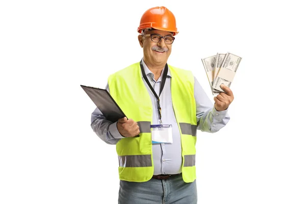Mature Male Engineer Safety Vest Holding Money Isolated White Background — Stock Photo, Image