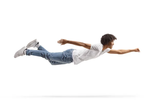 Afroamerikansk Kille Jeans Och Vit Shirt Flyger Isolerad Vit Bakgrund — Stockfoto
