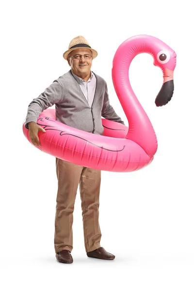 Elderly Man Big Inflatable Flamingo Rubber Ring Isolated White Background — Stock Photo, Image
