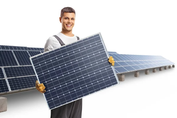 Technik Trzymający Panel Słoneczny Polu Słonecznym Odizolowanym Białym Tle — Zdjęcie stockowe