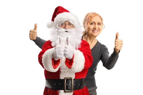 Glückliche Reife Frau Steht Hinter Weihnachtsmann Und Gestikuliert Mit Dem — Stockfoto