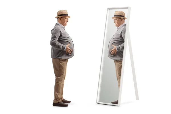 Full Length Profil Záběr Staršího Muže Velkým Břichem Stojící Před — Stock fotografie