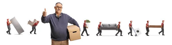 Movers Carrying Items Mature Male Customer Holding Cardboard Box Gesturing — Stock Photo, Image