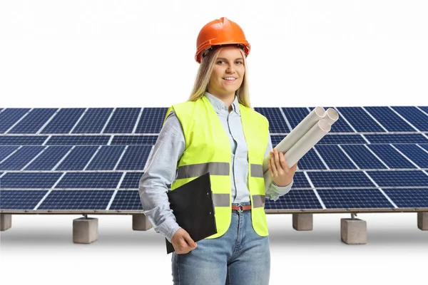 Young Female Engineer Holding Blueprints Solar Arrey Field Isolated White — Stock Photo, Image