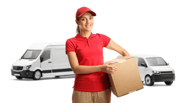 Female Courier Van Holding Cardboard Box Smiling Isolated White Background — Stock Photo, Image