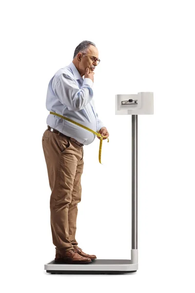 Full Length Shot Pensive Mature Man Standing Weight Scale Measuring — Φωτογραφία Αρχείου