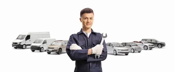 Car Mechanic Holding Wrench Front Many Different Vehicles Isolated White — Stock Photo, Image