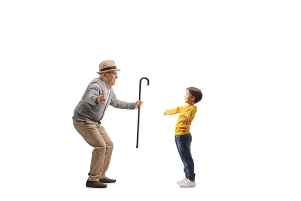 Boy Meeting Elderly Man Arms Wide Open Isolated White Backgroun — Stock Photo, Image