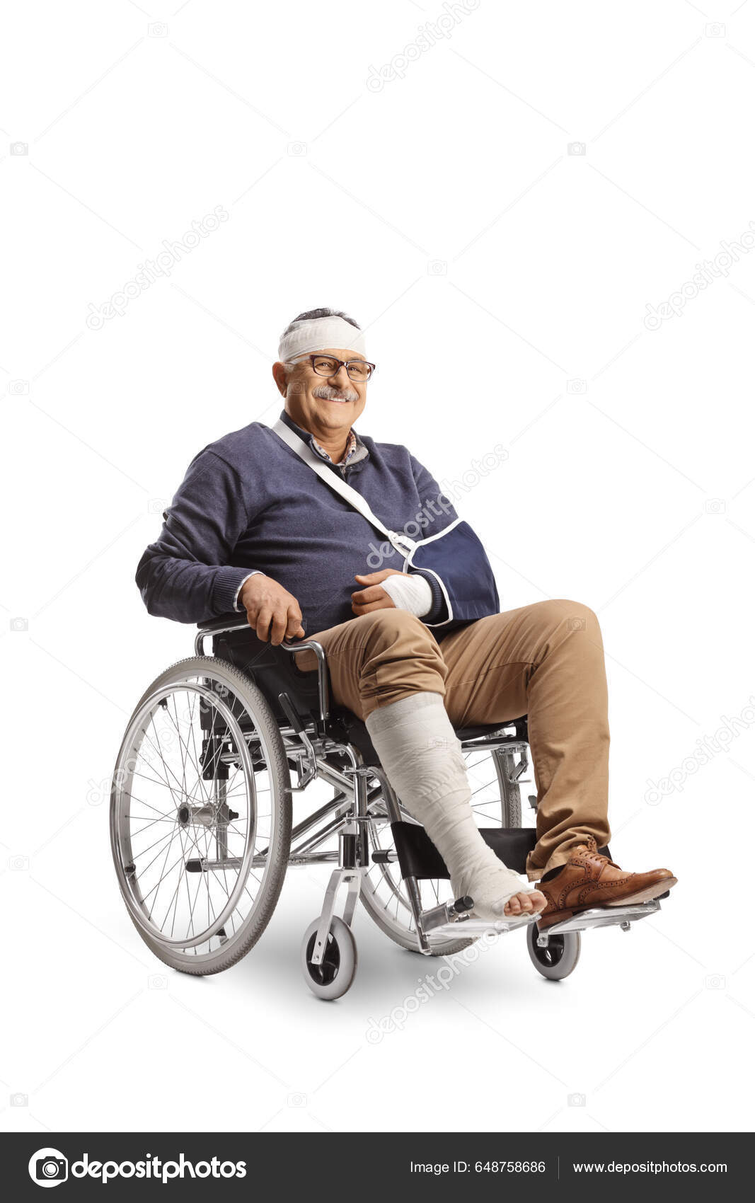 Homem Maduro Com Braço Quebrado Bandagem Cabeça Sentado Uma Cadeira — Foto  © ljsphotography #648758686, image size:1067x1700