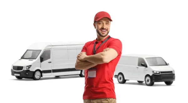 Male Courier Posing Front White Vans Isolated White Background — Stock Photo, Image