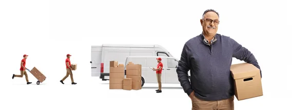 Workers Loading Boxes Van Mature Male Customer Holding Box Looking — Stock Photo, Image