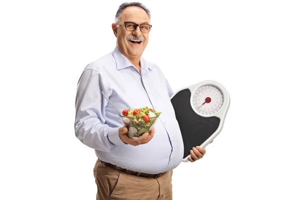 Mature Man Holding Salad Weight Scale Isolated White Background — Stock Photo, Image