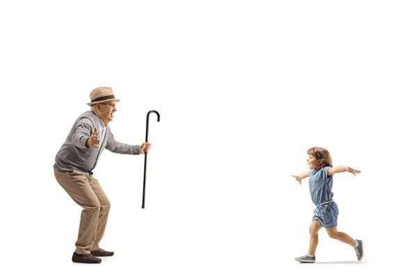 Little Girl Running Hug Her Grandfather Isolated White Backgroun — Stock Photo, Image