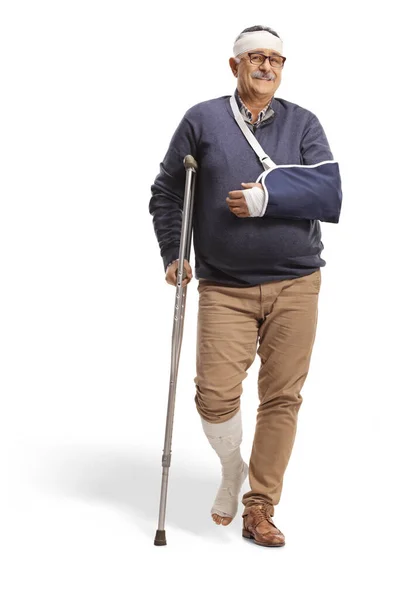 Full Length Portrait Mature Man Broken Arm Bandage Head Isolated — Stock Photo, Image