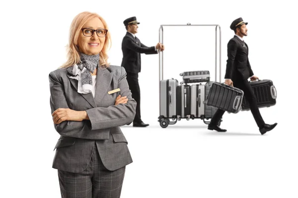 Bellboys Carrying Suitcases Luggage Cart Female Hotel Manager Posing Isolated — Stock Photo, Image