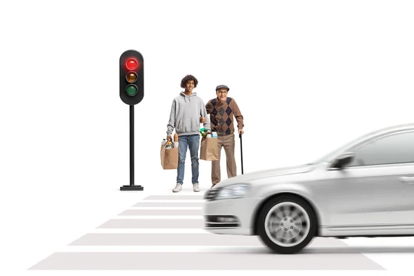Young African American Man Grocery Bags Senior Waiting Pedestrian Crossing — Stock Photo, Image