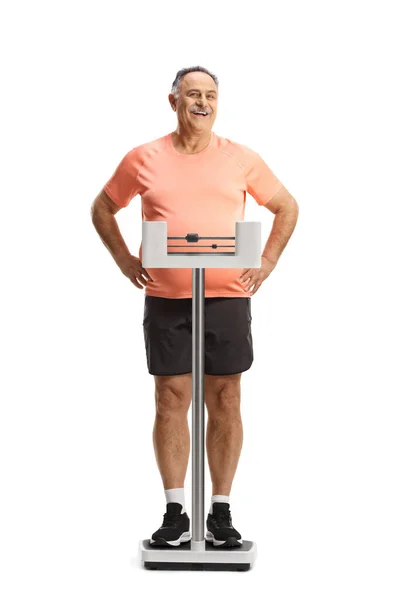 Full Length Portrait Corpulent Mature Man Standing Medical Weight Scale — Stock Photo, Image