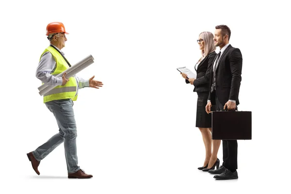 Full Length Profile Shot Mature Male Engineer Carrying Blueprints Meeting — Stock Photo, Image