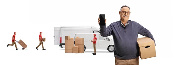 Workers Loading Boxes Van Mature Male Customer Holding Box Showing — Stock Photo, Image