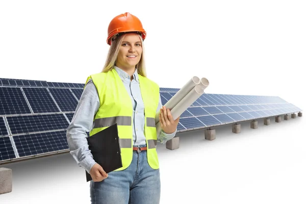 Young Female Engineer Holding Blueprints Front Solar Farm Isolated White — Stock Photo, Image