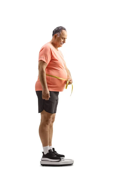 Full Length Profile Shot Corpulent Mature Man Standing Weight Scale — Stock Photo, Image
