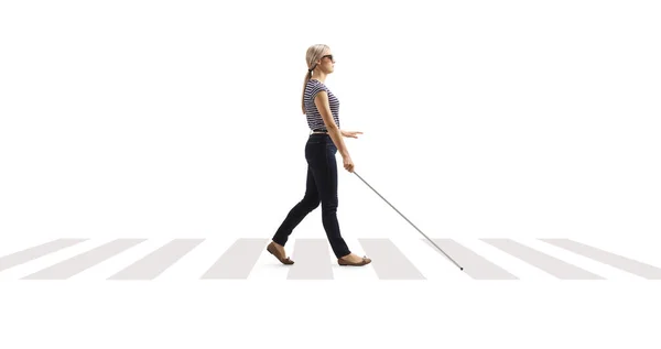 Full Längd Profil Bild Ung Blind Kvinna Promenader Med Vit — Stockfoto