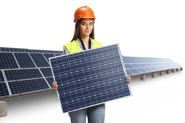 Mladá Žena Inženýr Drží Fotovoltaický Panel Solární Farmě Izolované Bílém — Stock fotografie
