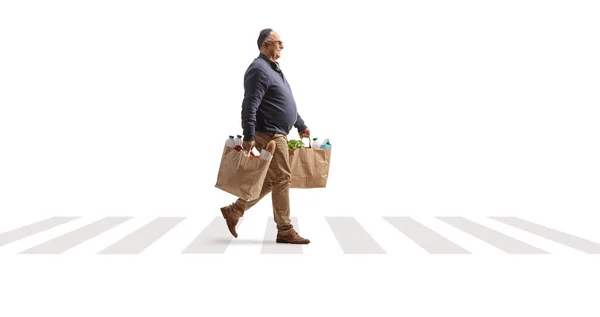 Full Length Profile Shot Mature Man Carrying Grocery Bags Crossing — Stock Photo, Image