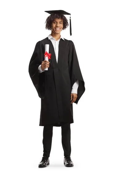 Pełny Portret Amerykańskiego Studenta Płci Męskiej Ubranego Suknię Dyplomową Posiadającego — Zdjęcie stockowe