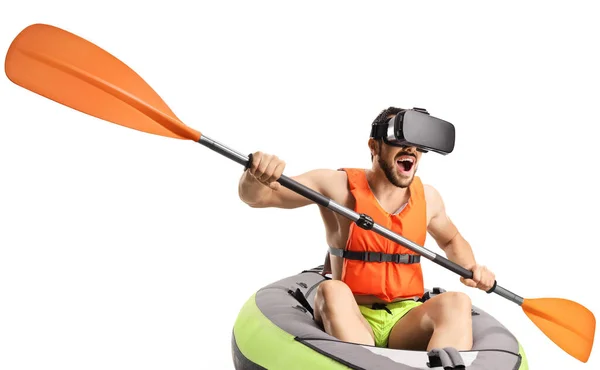 Mann Kanu Mit Schwimmweste Paddelt Mit Kopfhörer Auf Weißem Hintergrund — Stockfoto
