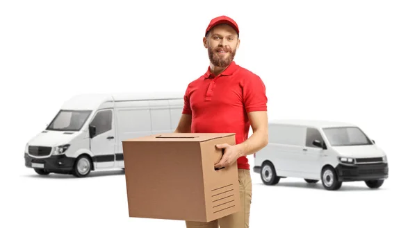 Παράδοση Άνθρωπος Λευκά Φορτηγά Μεταφέρουν Ένα Κουτί Από Χαρτόνι Που — Φωτογραφία Αρχείου