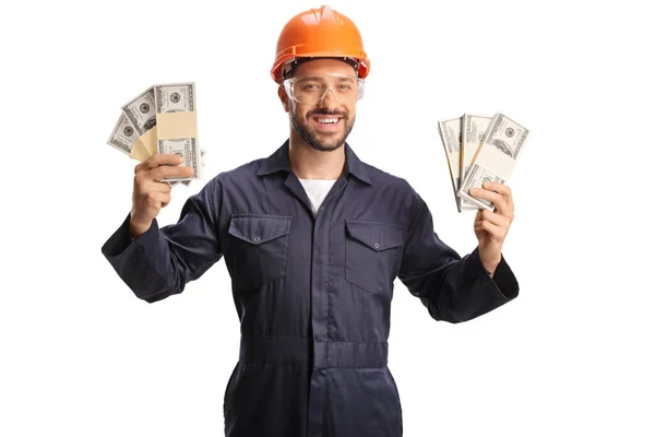 Factory Worker Wearing Protective Helmet Goggles Holding Stacks Money Isolated — Stock Photo, Image