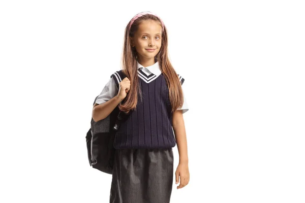 Schulmädchen Uniform Mit Einem Rucksack Auf Weißem Hintergrund — Stockfoto
