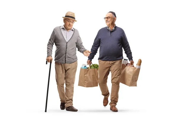 Mature Man Walking Carrying Grocery Bags Having Conversation Pensioner Isolated — Stock Photo, Image