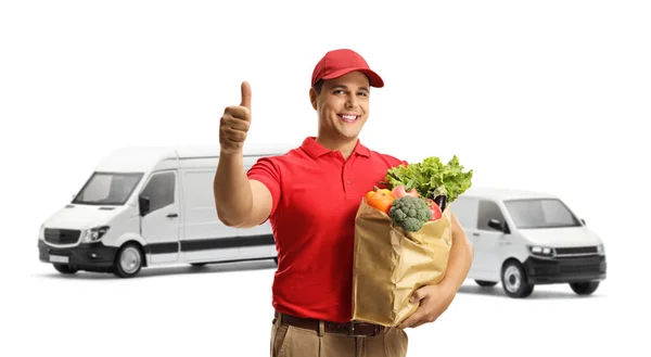 Male Courier Bag Groceries Showing Thumbs Front Vans Isolated White — Stock Photo, Image