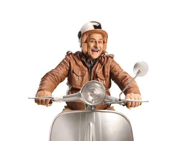 Glada Mogen Man Rider Silver Scooter Och Ler Isolerad Vit — Stockfoto