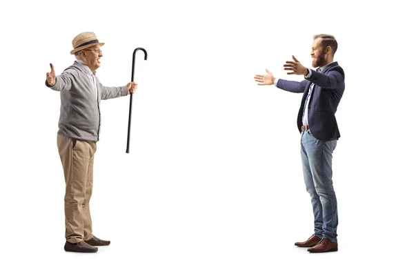 Full Length Profile Shot Elderly Gentleman Meeting Younger Man Isolated — Stock Photo, Image
