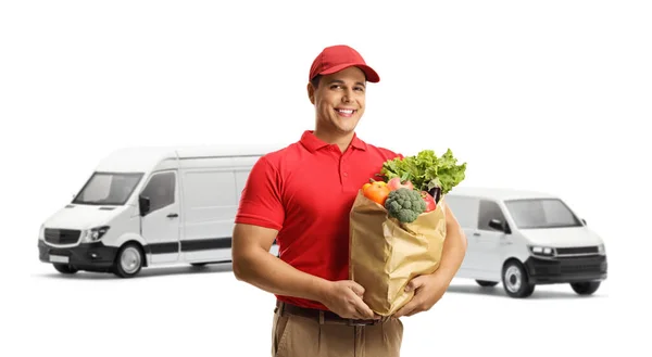 Delivery Man Bag Groceries Smiling Camera Standing Front White Vans — Stock Photo, Image