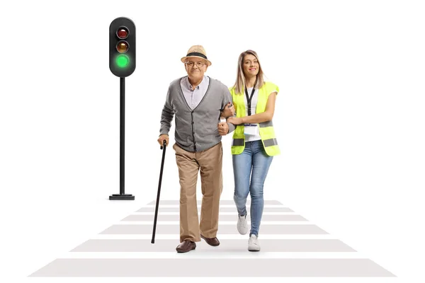 Full Length Portrait Female Community Worker Helping Elderly Man Crossing — Stock Photo, Image