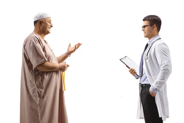 Mature Muslim Man Talking Doctor Isolated White Background — Stock Photo, Image