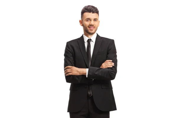Young Businessman Posing Crossed Hands Isolated White Background — Stock Photo, Image