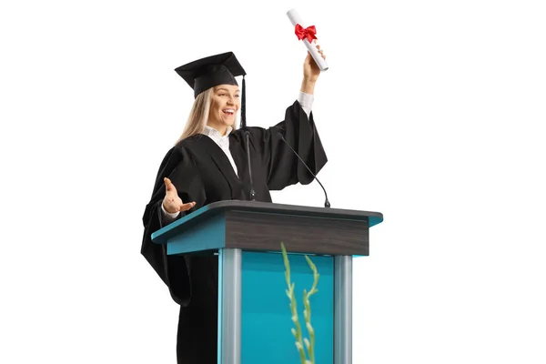 Estudante Pós Graduação Que Possui Certificado Pódio Isolado Fundo Branco — Fotografia de Stock