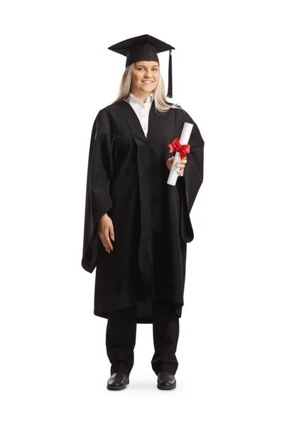 Full Length Portrait Female Graduate Student Holding Certificate Isolated White — Stock Photo, Image